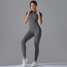 Yoga Set Women's Jumpsuit – One-Piece Short Sleeve Zipper Bodysuit | Fitness Workout Sportswear Tracksuit